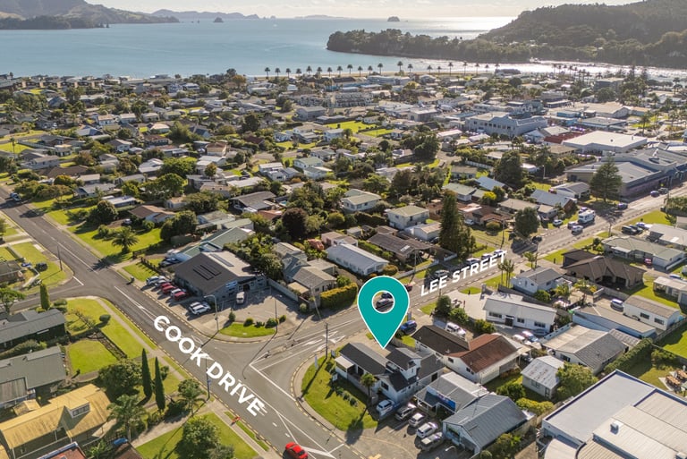 Birds eye view Whitianga - Cook Drive & Lee Street