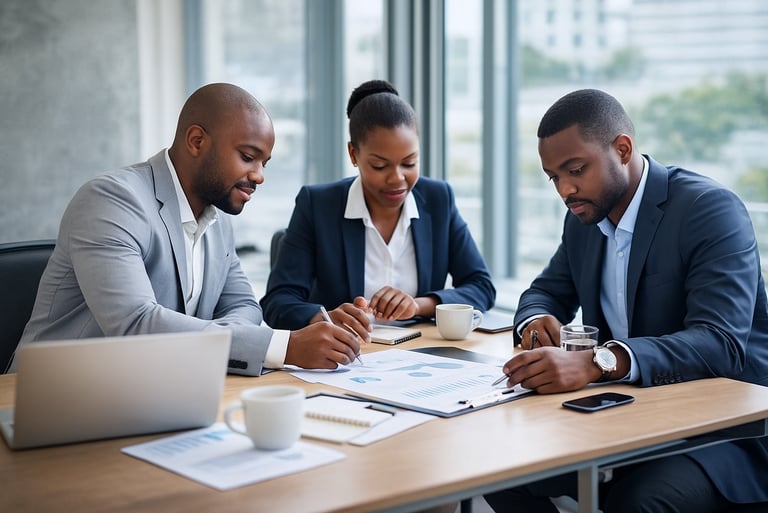 a man and woman sitting at a table with papers and papers