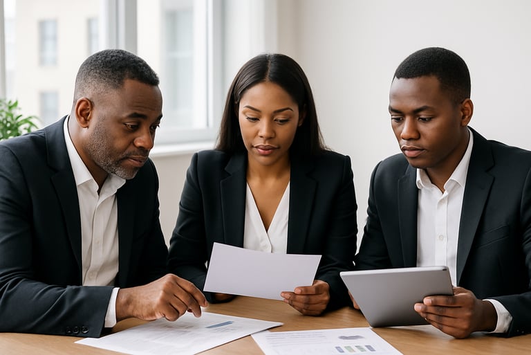a man and woman sitting at a table with papers