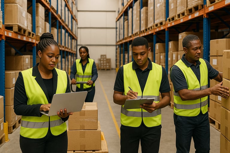 a group of people in safety vests standing in a warehouse