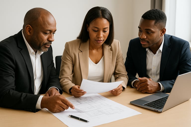 a man and woman sitting at a table with papers