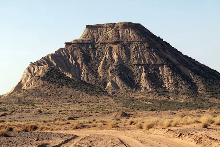 Paisaje semidesértico de las Bardenas Reales en Navarra, mostrando un cabezo o montaña de arcilla