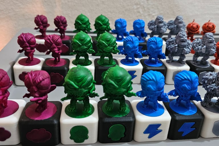 a bunch of different colored toys on a table