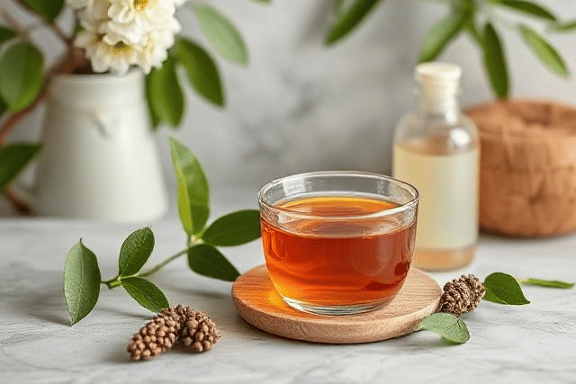 a cup of tea with a bottle of tea and a bottle of tea