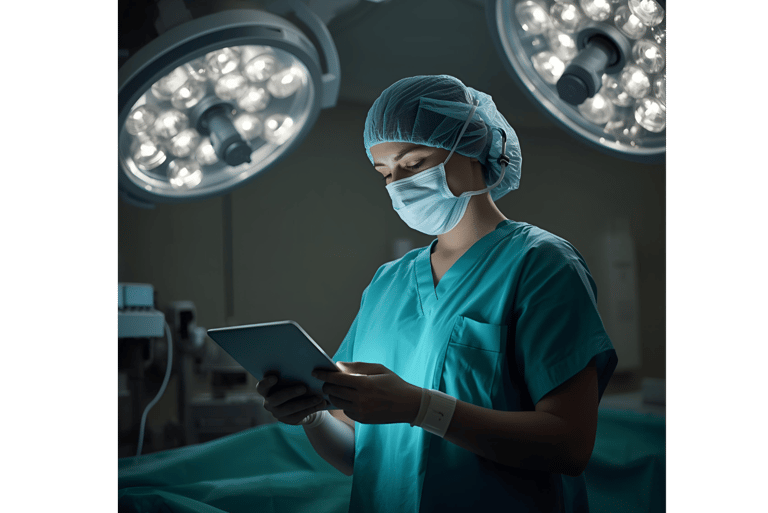 a surgeon in a surgical gown is holding a tablet