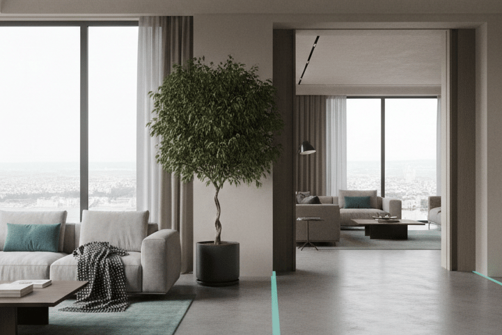 Modern minimalist living room with panoramic city views, sleek gray sofas, and a tall indoor tree.