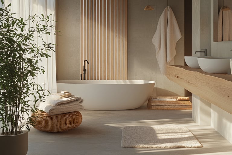 a bathroom with a standing tub neutral colors and wood