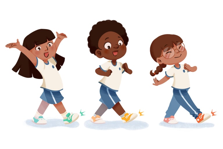Ilustração infantil para didático de crianças fazendo passos de dança.