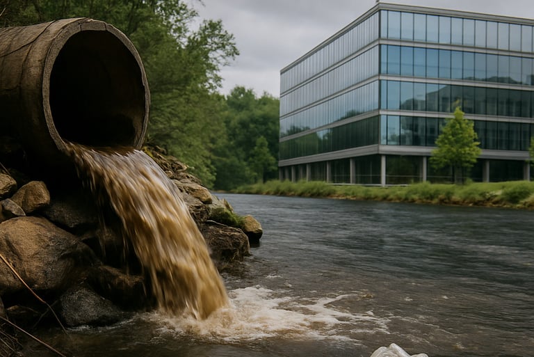 Tubería industrial vertiendo residuos en un río contaminado junto a un edificio de oficinas moderno.
