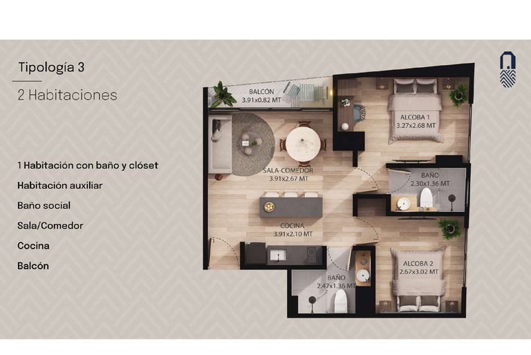 Pinares garden Pereira tipología 3 de 2 habitaciones