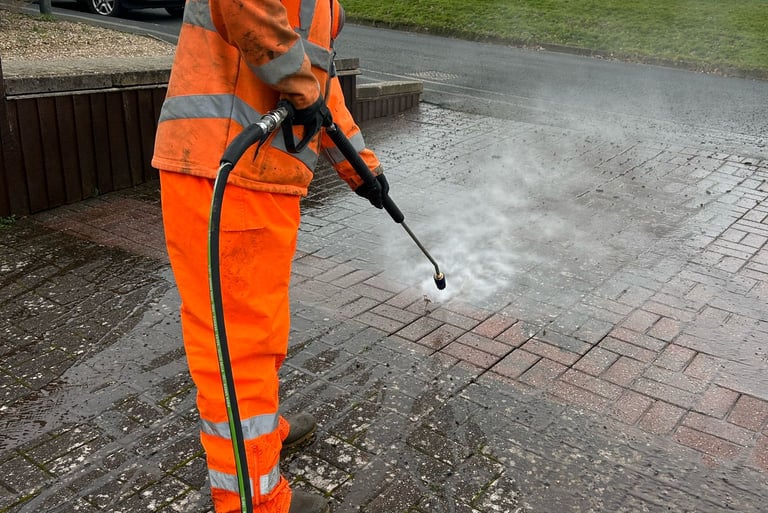 Pressure washing block paving driveway
