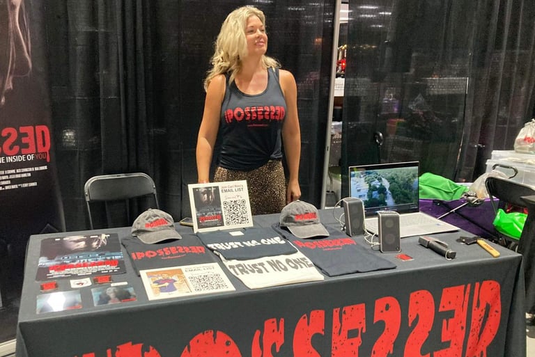 a woman standing in front of a table with a sign that says possy