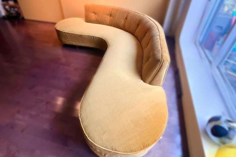 top view of reupholstered sofa in gold velvet - toronto upholstery