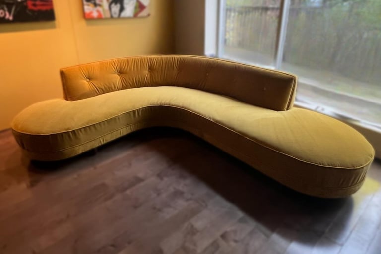 vintage boomerang sofa reupholstered in gold velvet - luxeworths studio