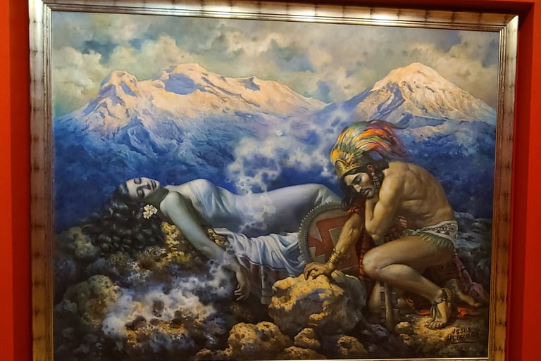 Painting featuring an indigenous mexican man and pale woman in front of a mountainous landscape