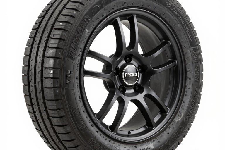 Rows of summer, all-season, and winter tires neatly displayed on shelves.