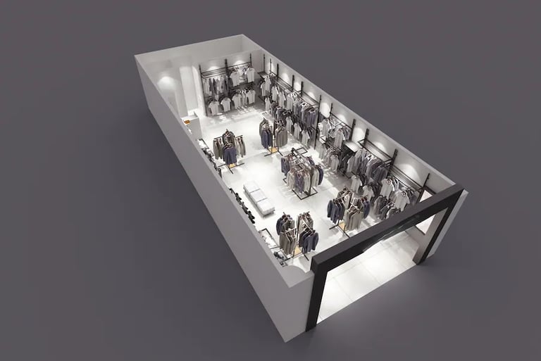 Modern retail clothing store interior layout with minimalist metal display racks and apparel.