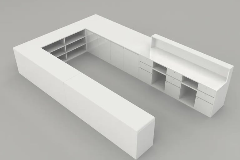 Minimalist white U-shaped modular display cabinets with integrated storage cabinets and shelving.