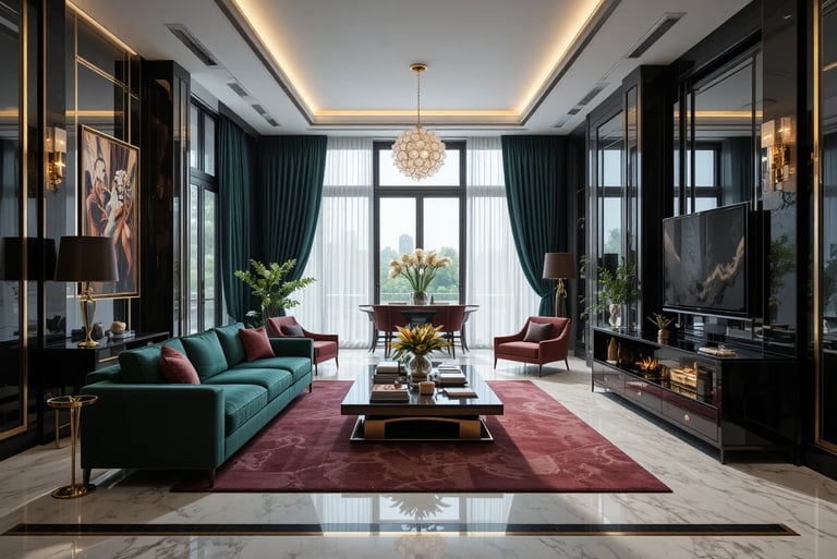 Interior Art Déco moderno con líneas limpias, colores intensos y detalles dorados