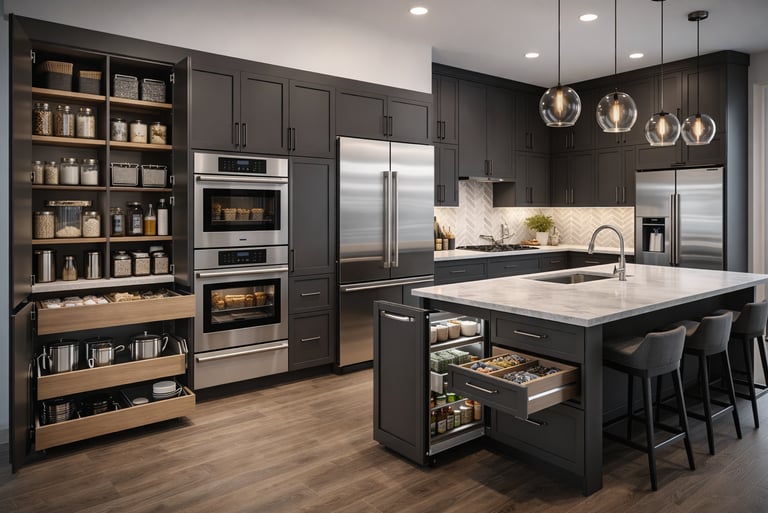 muebles y electrodomésticos en cocina moderna con isla y almacenaje organizado