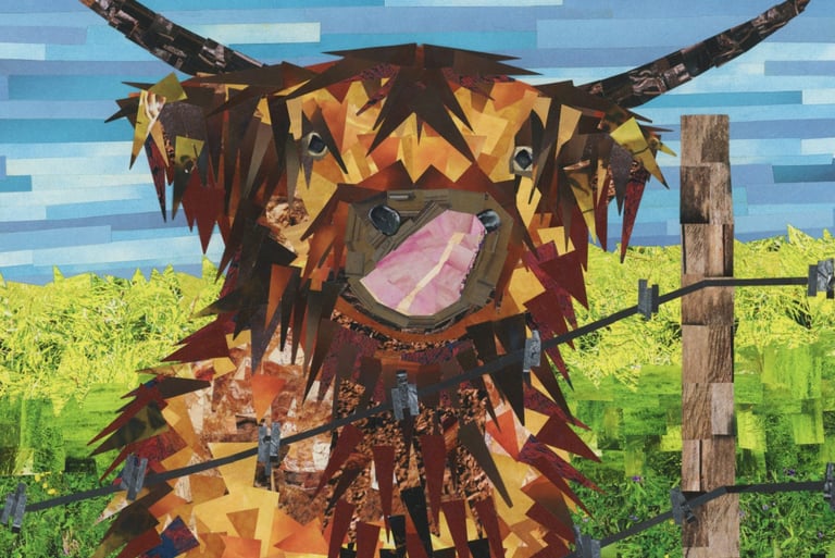 Paper collage art of a brown highland cow behind a wire fence in a green meadow.