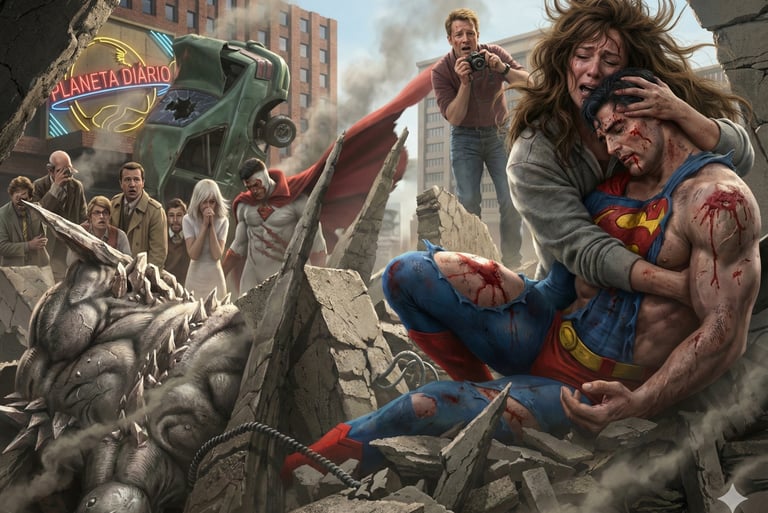 Superman caído aos braços de Lois Lane após a batalha com Apocalypse