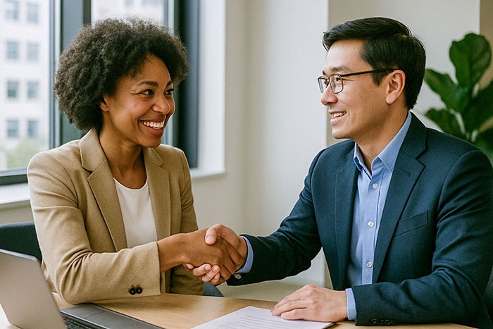 Professional handshake between businesswoman and businessman during a job interview or successful business meeting in a moder