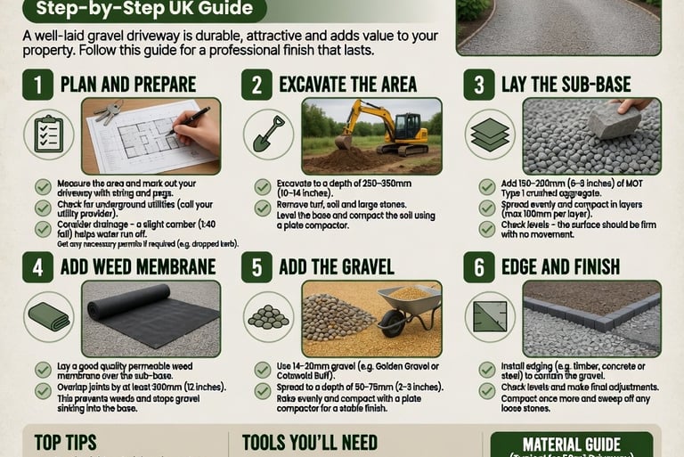Infographic showing a step-by-step UK guide on how to lay a gravel driveway with tools and materials.