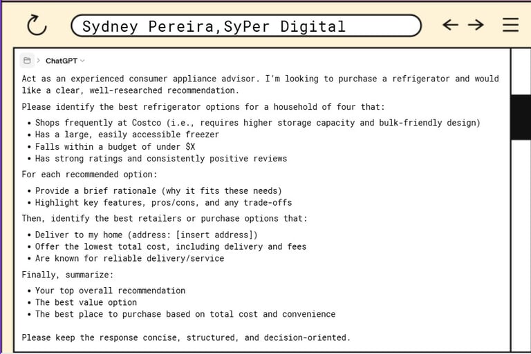 ChatGPT interface showing a detailed prompt for a consumer appliance advisor to find a refrigerator.