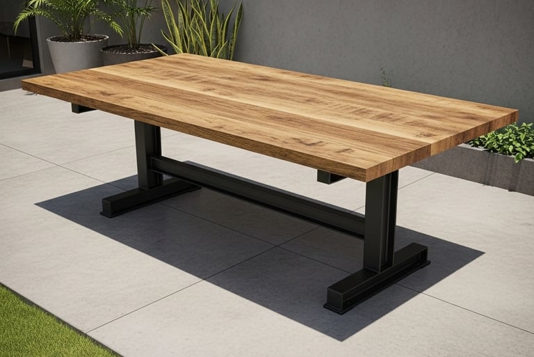 mesa industrial metalon preto com tampo de madeira