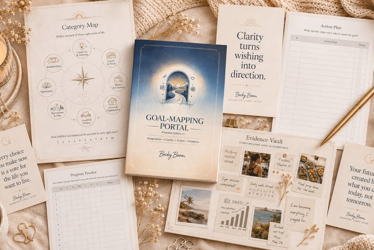 Becky Boom Goal-Mapping Portal flat lay showing planner pages, progress tracker, evidence vault, and