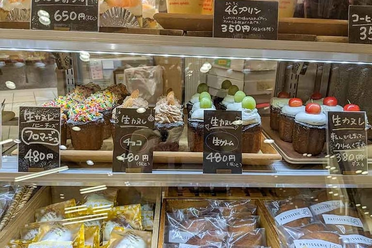 Colorful Japanese pastries displayed in a local bakery.