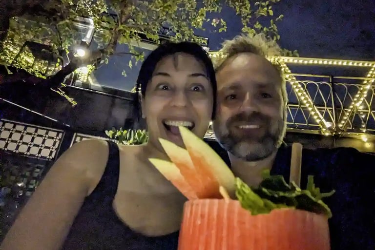 Enjoying an evening drink together during our Vietnam travels