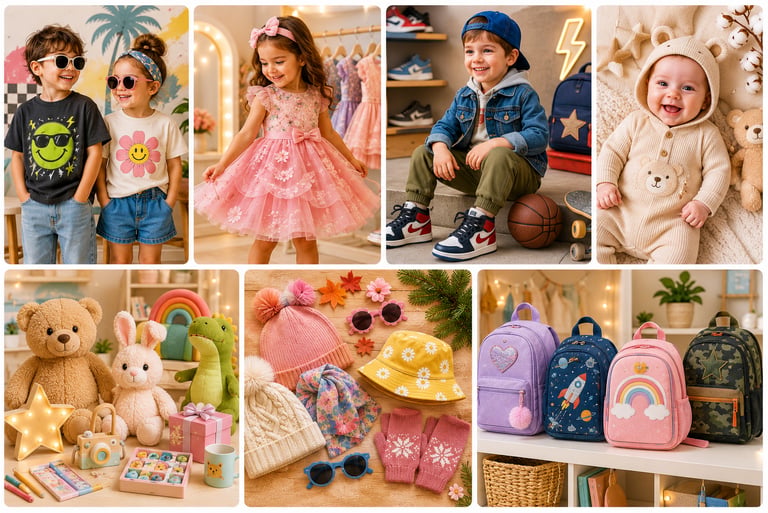 Collage of kids fashion clothing, stuffed animal toys, and colorful school backpacks for children.