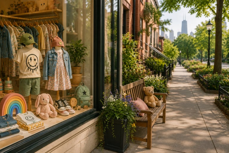 Children's clothing boutique window display on a sunny Chicago street with city skyline view.