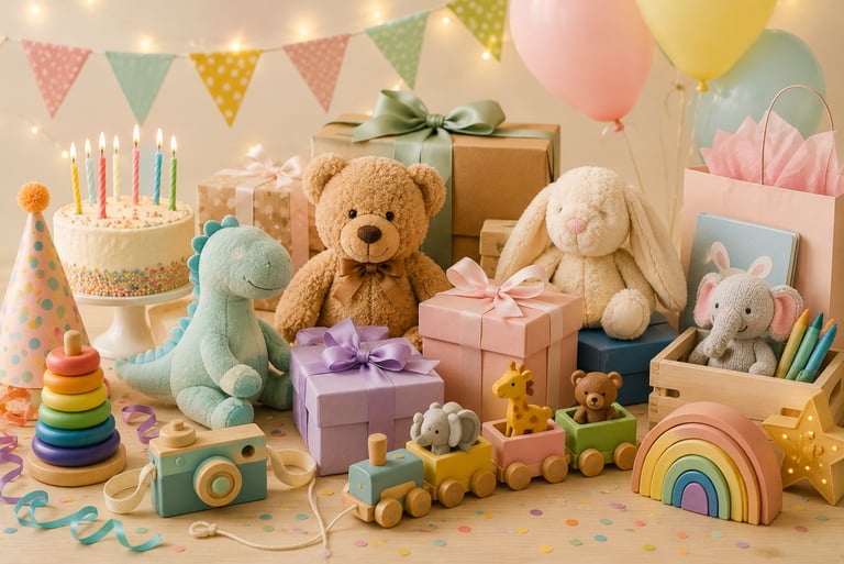 Festive child's birthday celebration with a cake, colorful gifts, balloons, and wooden toys.