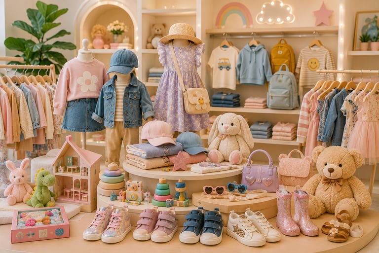 Stylish children's clothing display featuring trendy kids apparel, shoes, and plush toys in a boutique.