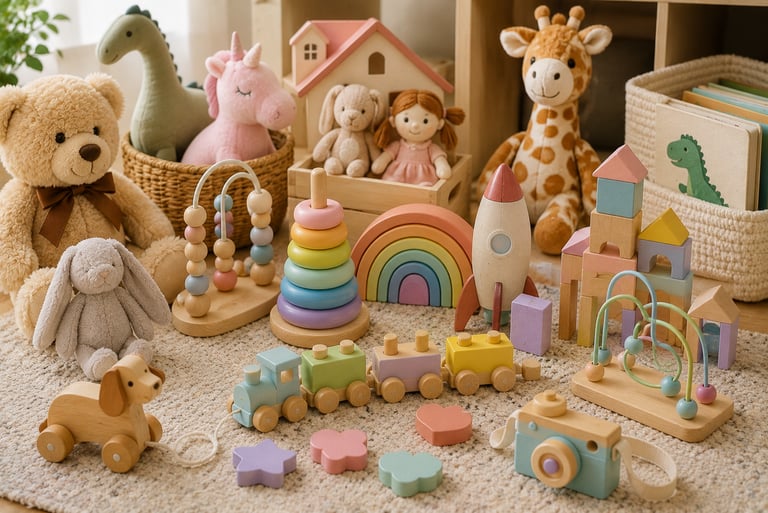 Collection of sustainable wooden toys and plush stuffed animals in a nursery setting.