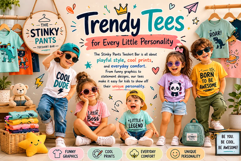 Happy toddlers modeling trendy graphic t-shirts from The Stinky Pants kids clothing collection.