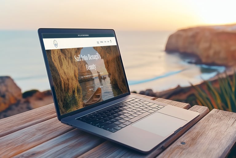 MacBook Pro displaying mobile-responsive boat tour website design on an Algarve balcony