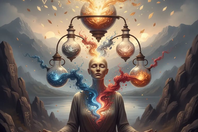 “Meditating figure transmutes blue/red energy from hovering flasks amid sacred geometry. Symbolizing Emotional Alchemy.”