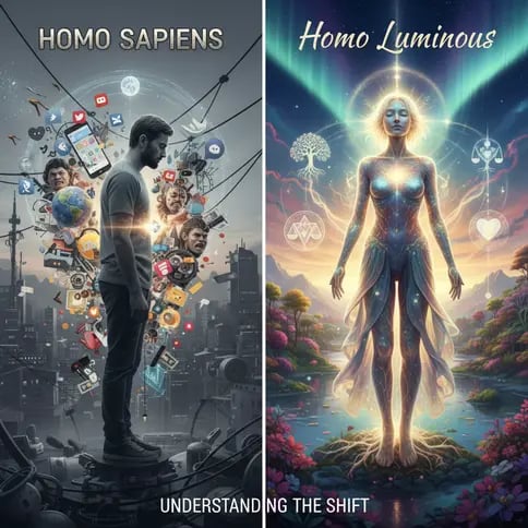 “Split image labeled ‘Homo Sapiens’ and ‘Homo Luminous,’ contrasting a distracted modern human with a glowing evolved figure”