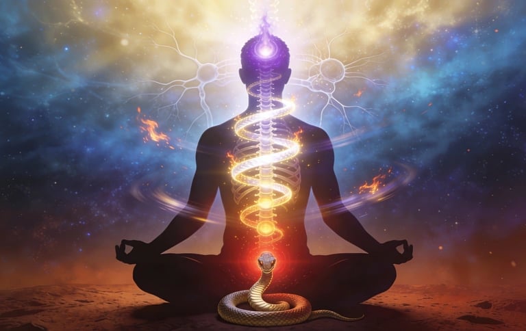 “Meditating silhouette with rising kundalini serpent at base chakra and spiral energy through the spine to the crown light.”