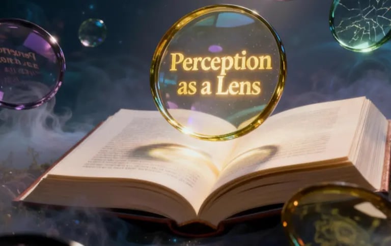 “Glowing orb reading ‘Perception as a Lens’ above an open book, with floating bubbles in a cosmic, misty background.”