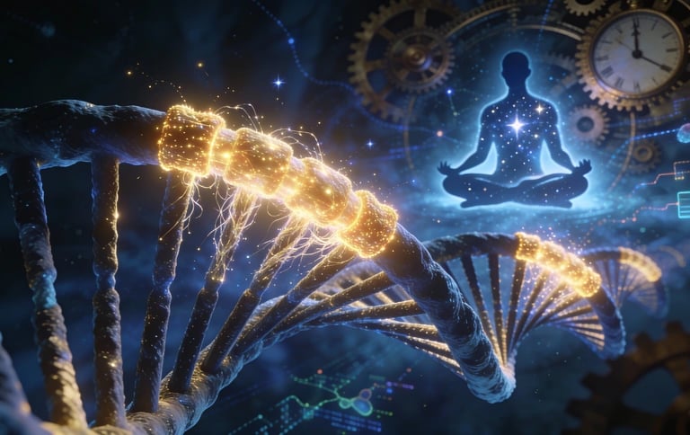 "Conceptual illustration of DNA repair and anti-aging through meditation, featuring a glowing celestial silhouette."