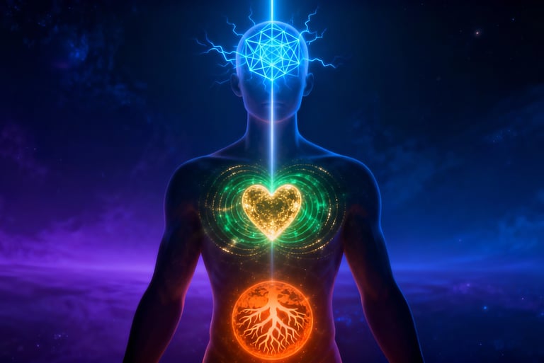 "Vibrant illustration of triune intelligence aligning three chakras: blue mind, golden heart, red root, on cosmic background"
