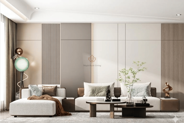 Modern minimalist living room featuring a white sectional sofa, wood paneling, and contemporary decor.