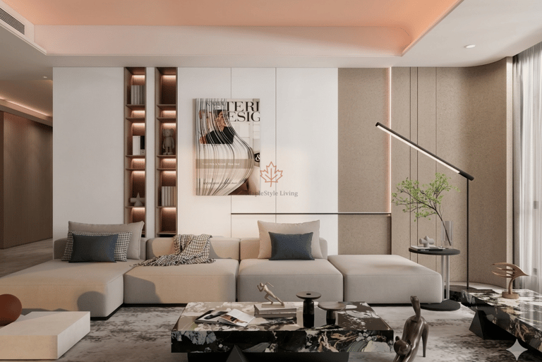Modern minimalist living room featuring a beige sectional sofa, marble coffee table, and luxury wall shelving.