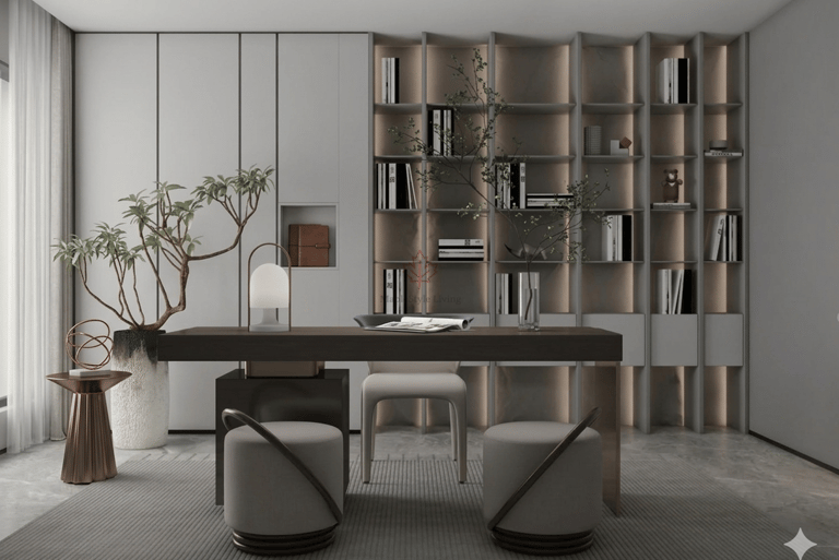 Modern home office with a minimalist wooden desk, integrated bookshelves, and sleek grey chairs.
