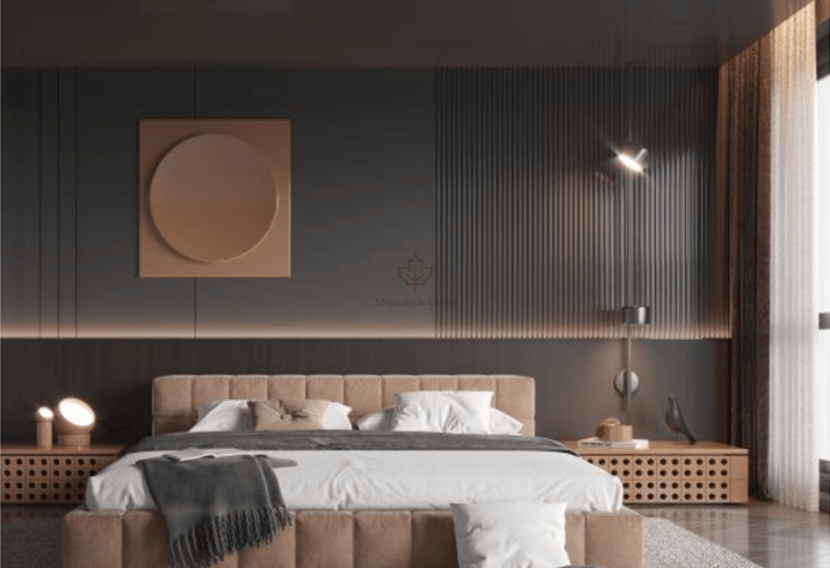 Modern dark bedroom interior featuring a tufted platform bed and elegant wood slat wall paneling.